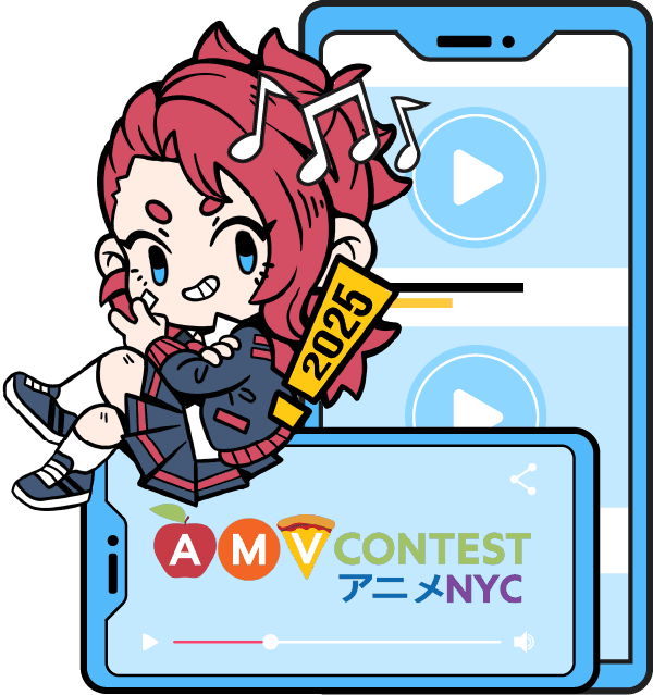 Anime NYC mascot with AMV Contest logo 
