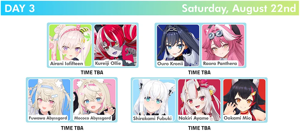 hololive - Airani Iofifteen, Kureiji Ollie, Ouro Kronii, Raora Panthera, Fuwawa Abyssgard, Mococo Abyssgard, Shirakami Fubuki, Nakiri Ayame, Ookami Mio